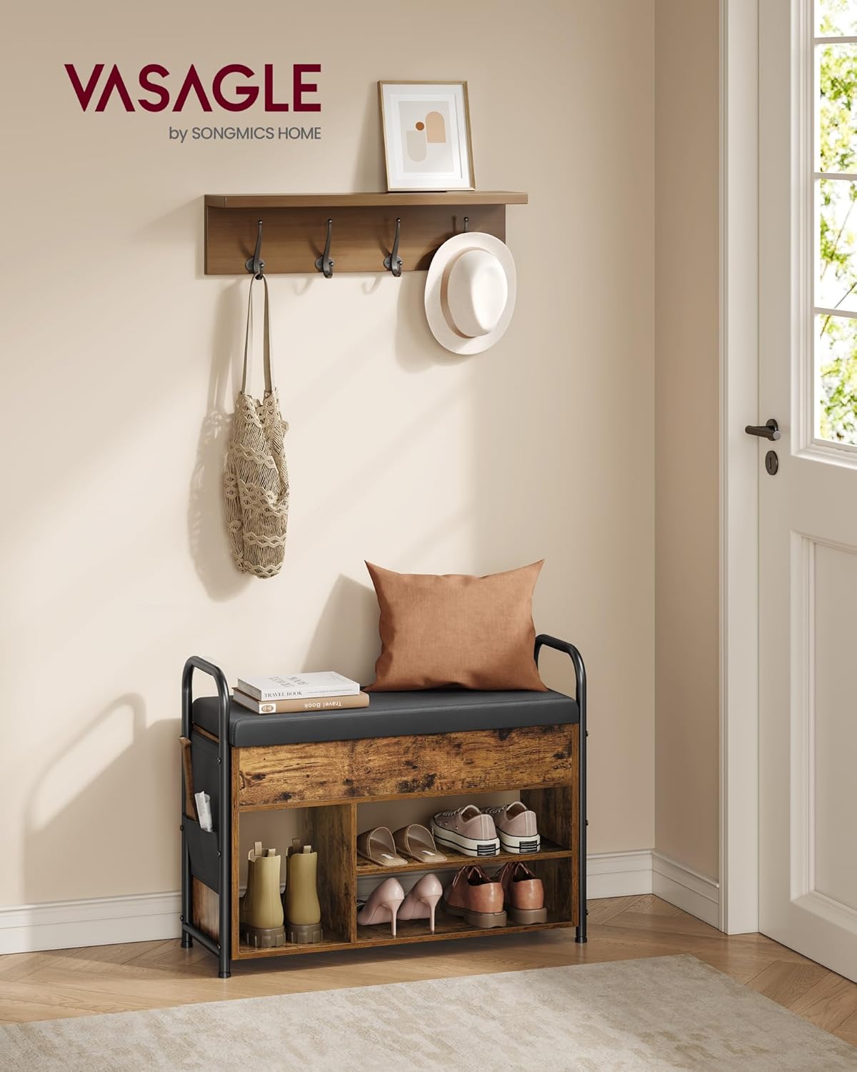 Rustic Brown and Ink Black Shoe Bench with Storage B229