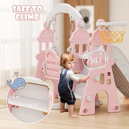 Pink Toddler Slide and Swing Set with Basketball Frame Q198