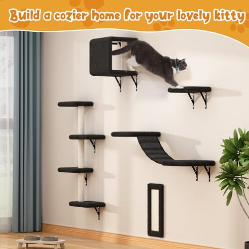 Beige 5 Pcs Wall-Mounted Cat Climber Set with Cat Shelves, Ladder, Cat Condo House, Scratching Board and Cat Tree V923706