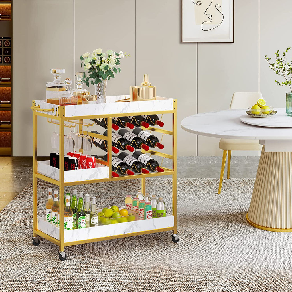 Gold Bar Cart with 12 Bottle Wine Rack T930712
