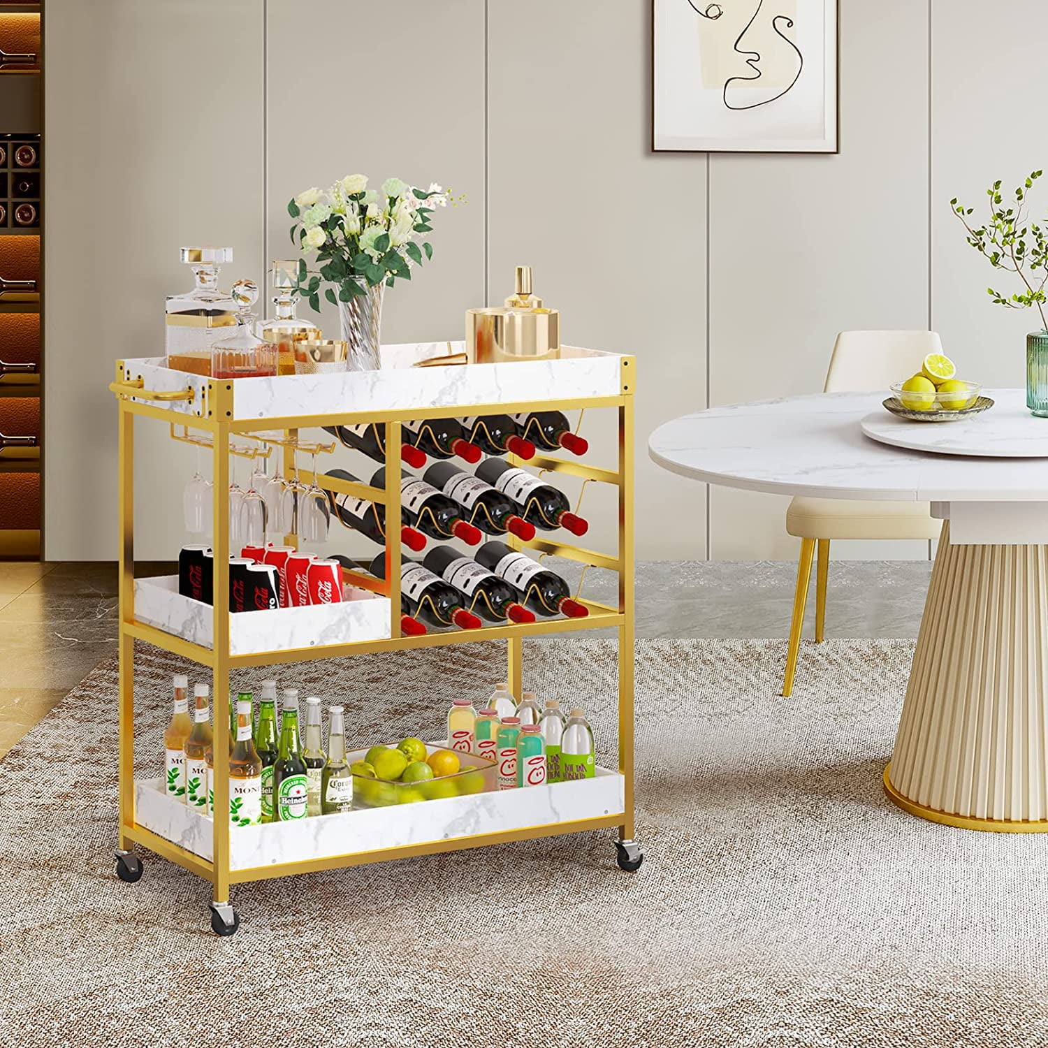 Gold Bar Cart with 12 Bottle Wine Rack T930712
