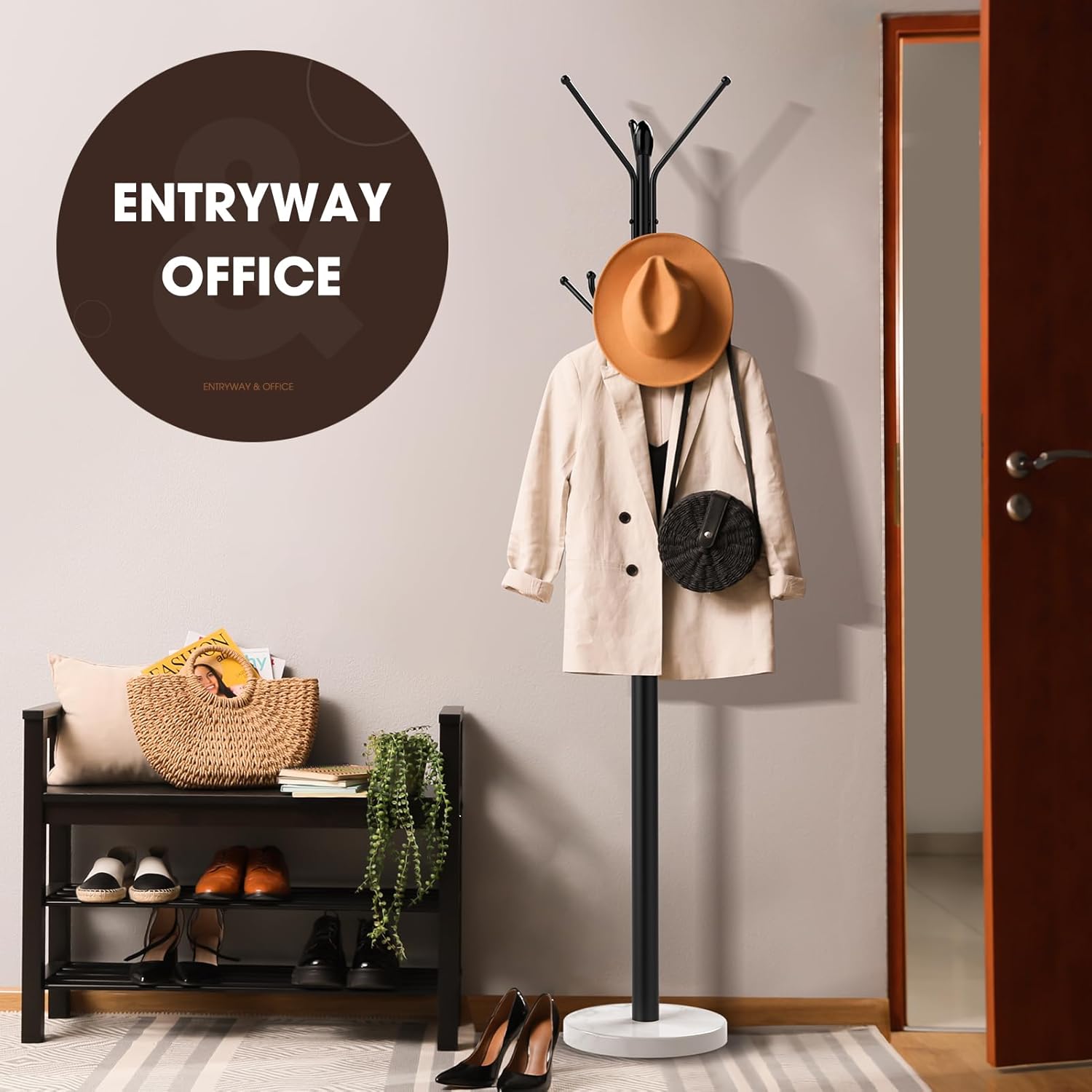 Metal Sturdy Coat Rack with 12 Storages and Natural Marble Base N7724