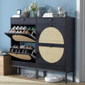 Natural Rattan Weave Shoe Cabinet with 2 Flip Drawers (Black, 2 Pieces) B441