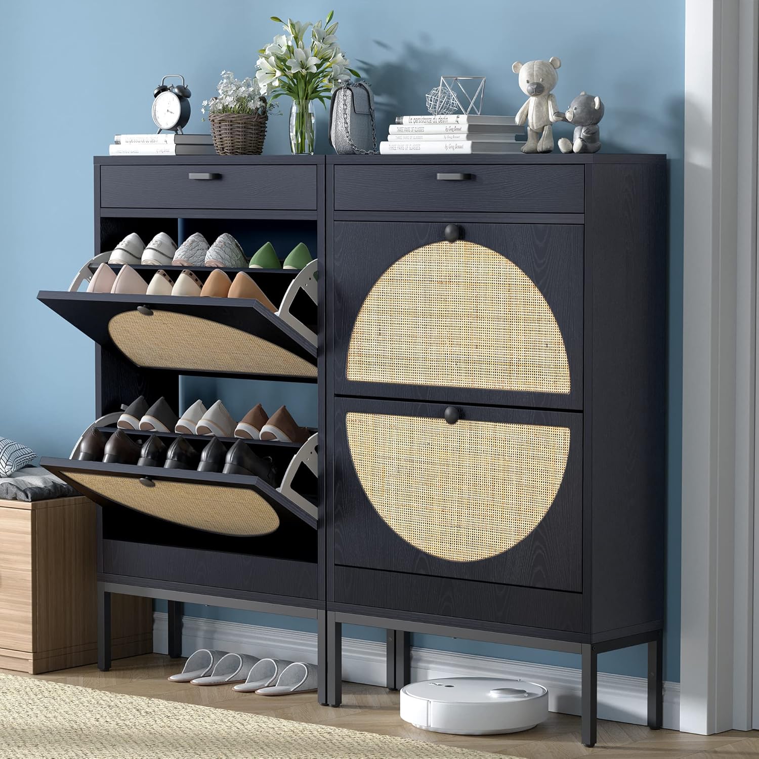 Natural Rattan Weave Shoe Cabinet with 2 Flip Drawers (Black, 2 Pieces) B441