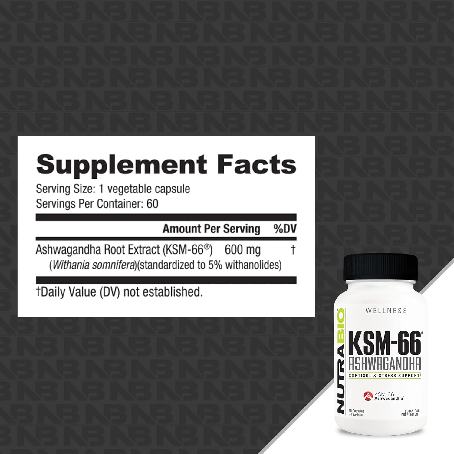 600mg Ashwagandha Herbal Supplement - 60 Vegetable Capsules D7058