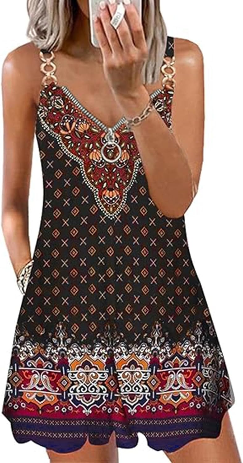 Boho Floral Print V Neck Sleeveless Spaghetti Strap Sundresses with Pockets R157