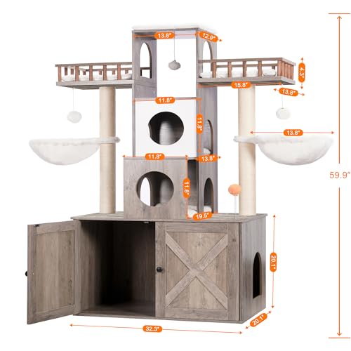 Rustic Gray Cat Tree with Litter Box Enclosure Y32767