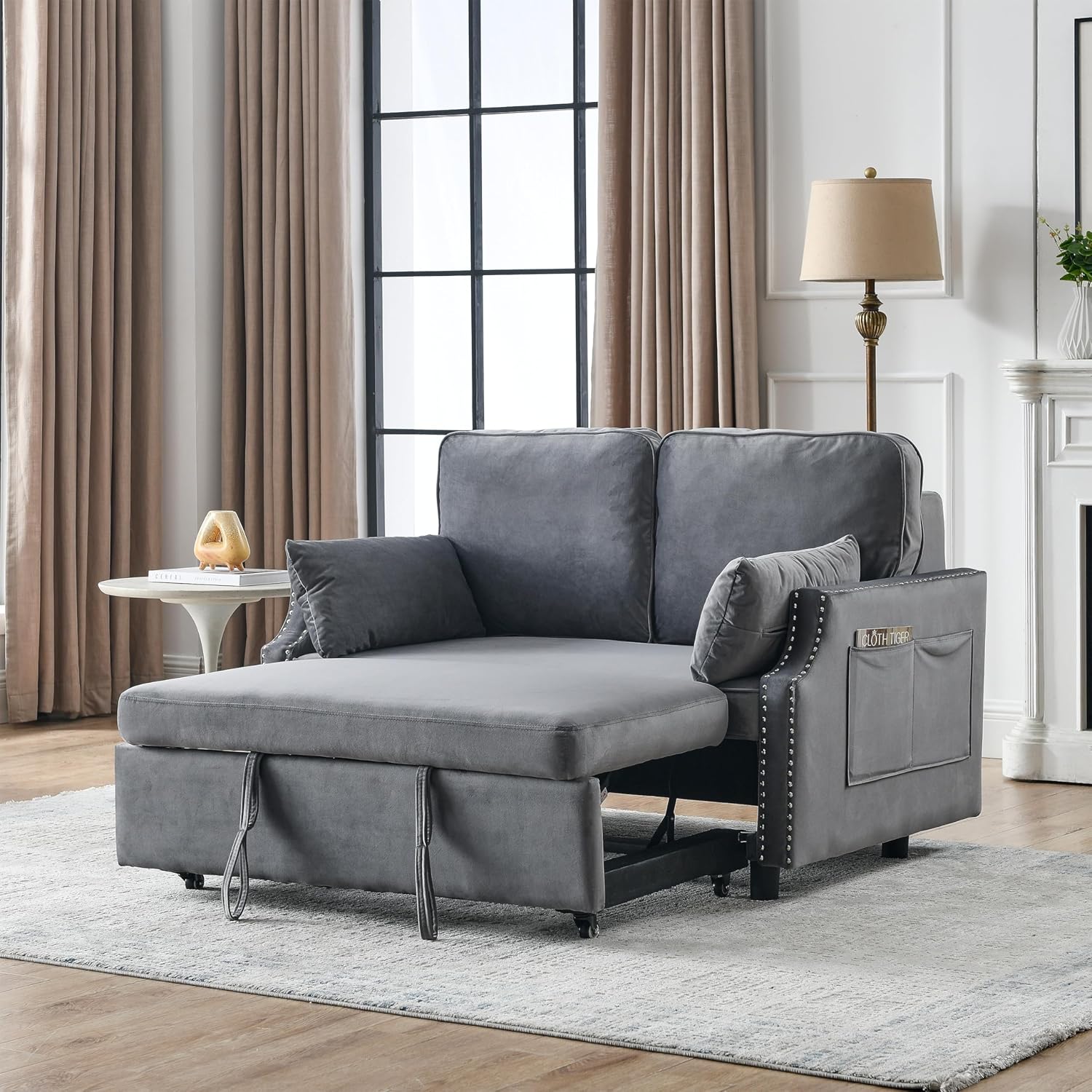 Grey Velvet Upholstered Recliner Bed with Pull-Out Sleeper Sofa Folding Loveseat N535
