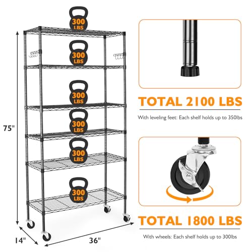 Black 6 Tier Adjustable Metal Wire Shelving Rack with Wheels A54235