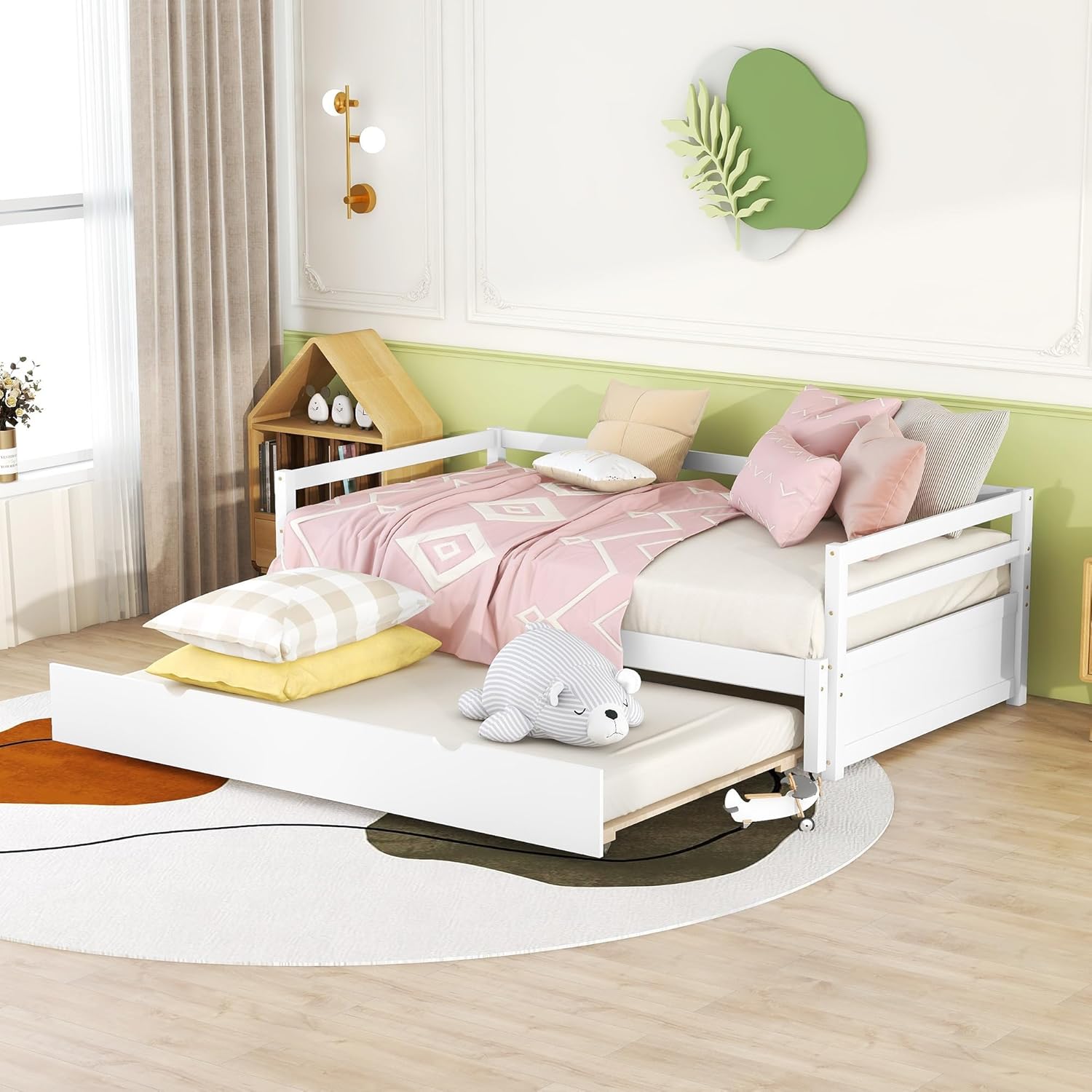 White Wood Twin to Double Extendable Daybed with Pull Out Trundle U47107