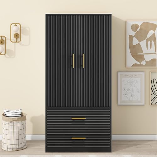 White Freestanding Wooden Armoire with 2 Drawers and Hanging Rod B94229