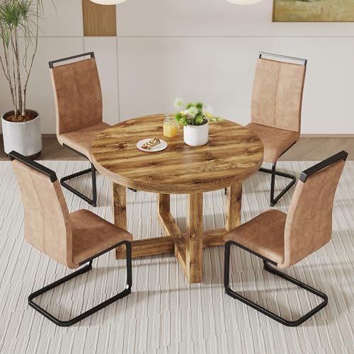 Round Dining Table Set for 4 Wood Upholstered Chair Brown T784073