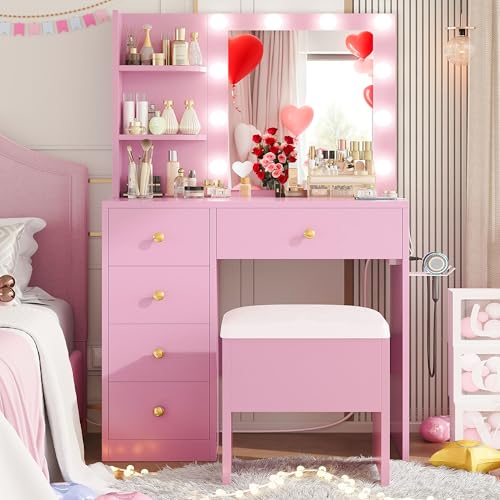 White Vanity Desk with Mirror and Lights, 5 Drawers, and Stool K800961