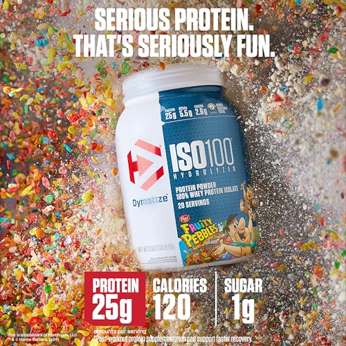 Dymatize x Fruity Pebbles ISO100 Whey Protein Powder Isolate, 25g of Protein, 20 Servings, 5.5g BCAAs, 120 Cal., Gluten Free, 1g Fat, 1g Sugar, 2g Carb Q11063