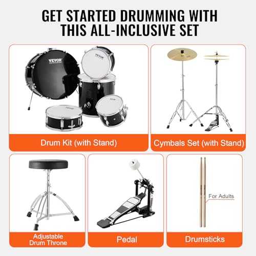 Black 5-Piece Drum Set with Bass, Toms, Snare, Floor, Stands, Cymbal, Hi-Hat Pedal and Drumsticks S409016