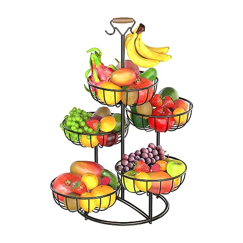 Black Metal Wire 5 Tier Fruit Basket with Banana Hanger D728799