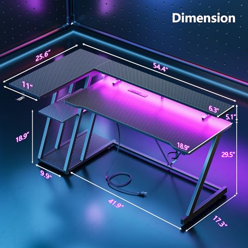 55 Inch L Shaped Gaming Desk with Power Outlet, LED Lights, Storage Shelves, Carbon Fiber Black X715197