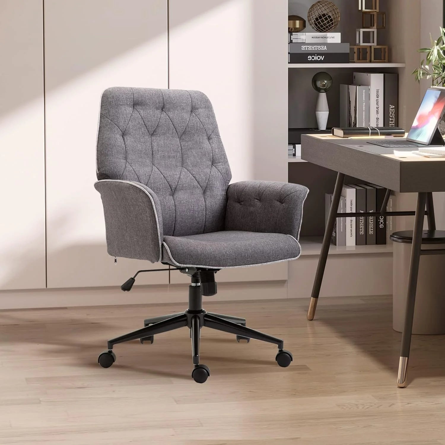 Dark Gray Linen Office Chair with Swivel Wheels D658