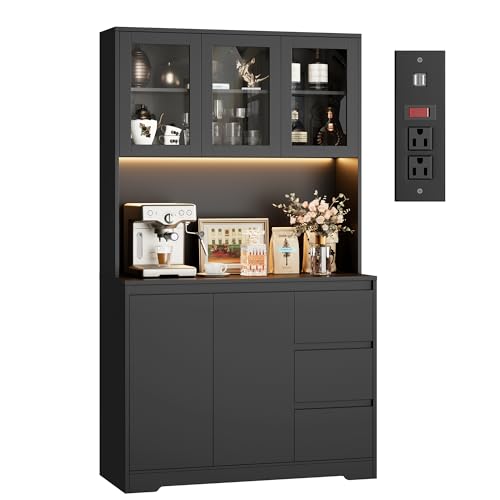 Black 71" Kitchen Pantry Cabinet with LED Lights and Charging Station Z286