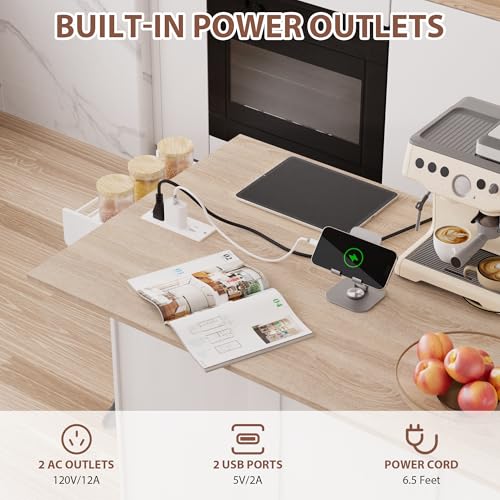Kitchen Island on Wheels with Storage, Drop Leaf, Power Outlet, Trash Can Storage, Spice Rack, Towel Rack, Drawers L944