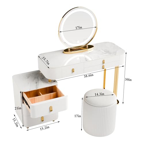 6 Drawer Wood Makeup Vanity Desk with Mirror and Lights and Chair X46345