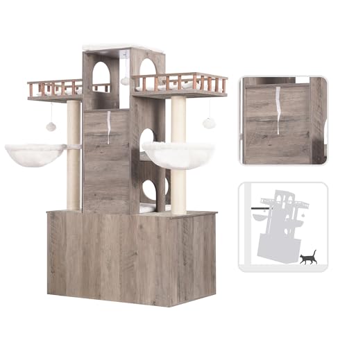 Rustic Gray Cat Tree with Litter Box Enclosure Y32767