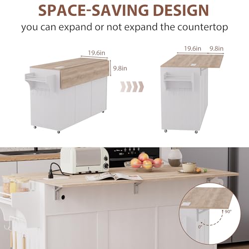 Kitchen Island on Wheels with Storage, Drop Leaf, Power Outlet, Trash Can Storage, Spice Rack, Towel Rack, Drawers L944