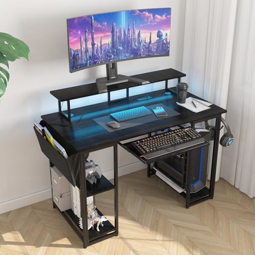 Brown Gaming Desk with LED Lights and Power Outlets Y665