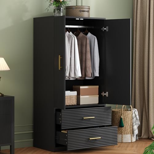 White Freestanding Wooden Armoire with 2 Drawers and Hanging Rod B94229