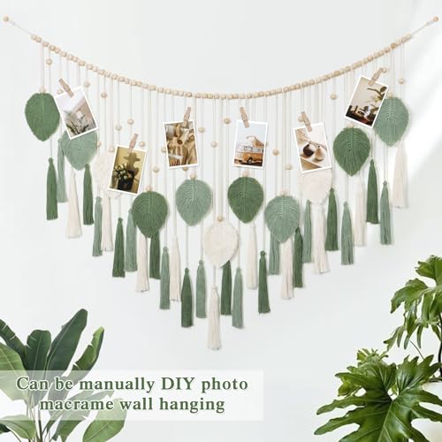 Large Macrame Wall Hanging Beige Green Feather Tapestry Wall Art Wooden Beads Handmade Woven Leaf Tassels Wall Decor O1138