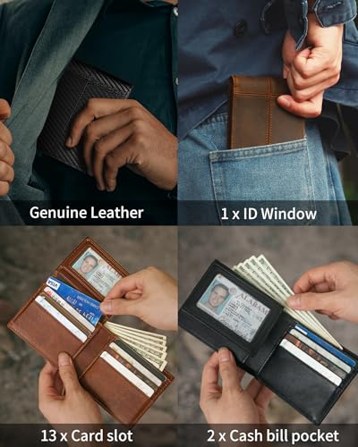 Genuine Leather Bifold RFID Blocking Wallet with 12-13 Card Holders B306