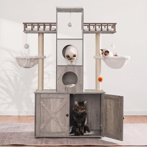 Rustic Gray Cat Tree with Litter Box Enclosure Y32767