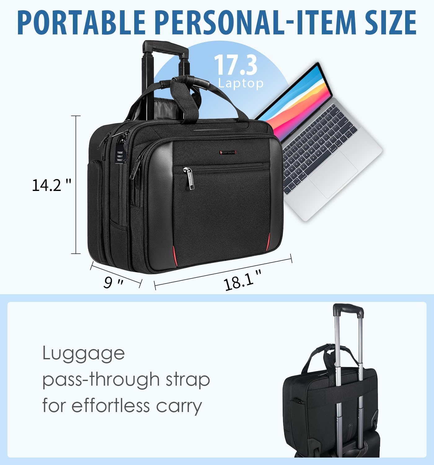 Black Rolling Laptop Bag with Wheels U930