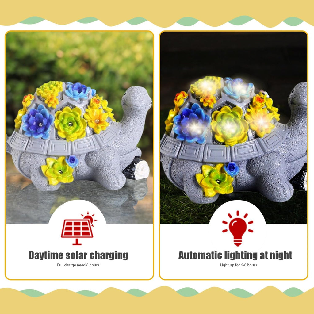 Turtle Garden Statue with 7 LED Succulent Lights, Resin Turtle Garden Decor Y11596