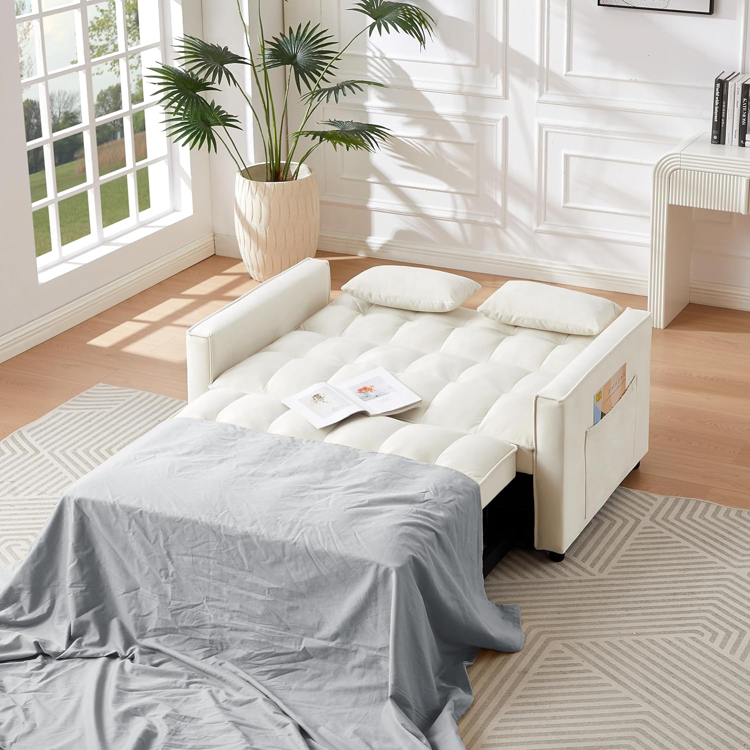 Ivory Velvet 2 Seater Convertible Loveseat Sleeper Sofa with Pull-Out Bed C4009