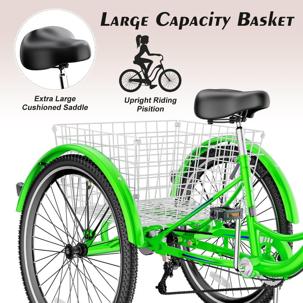 Apple Green 7 Speed 3 Wheel Adult Tricycle with Basket D868594