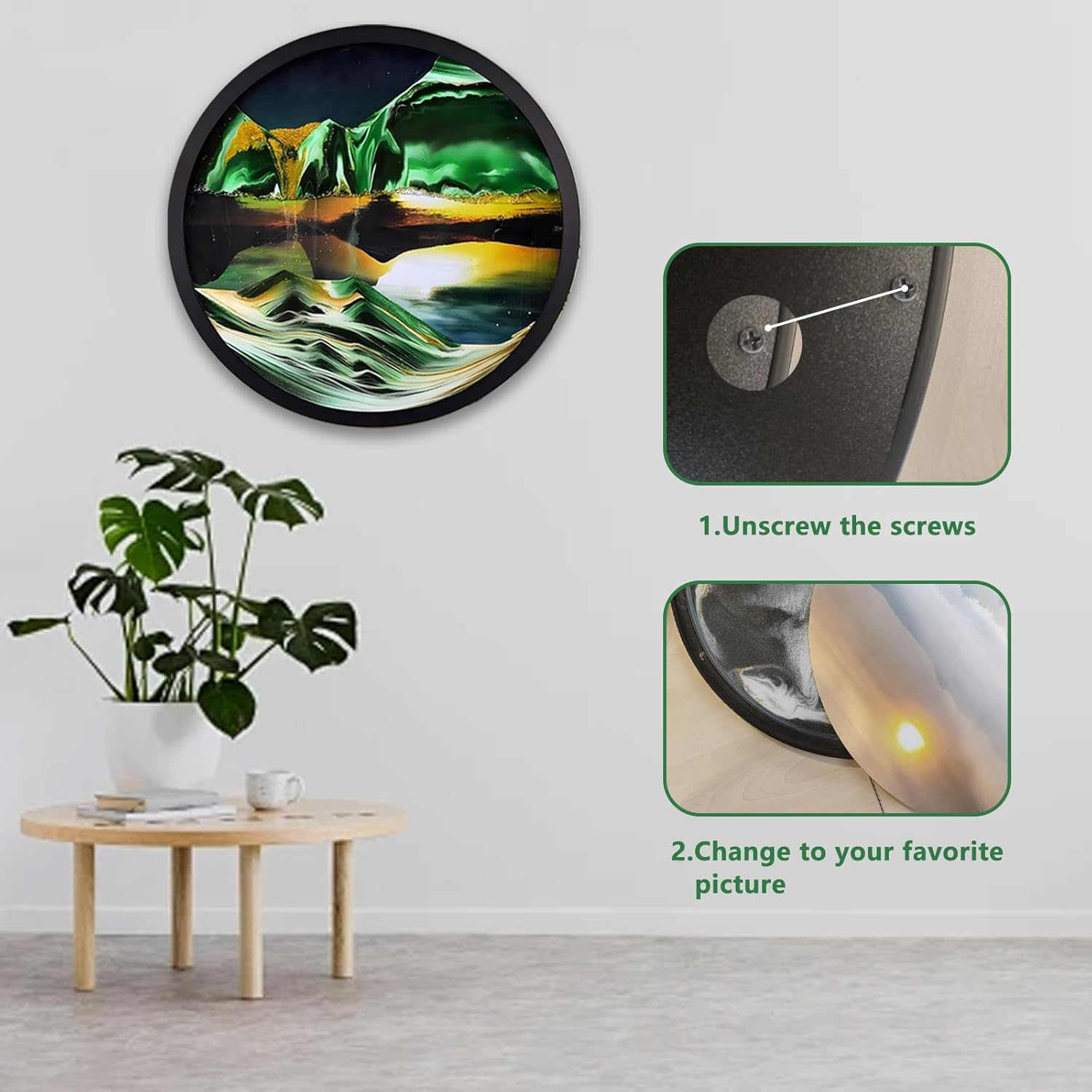 17.3'' 3D Sand Art Liquid Motion Moving Wall Art Glass Crafts Solid Wood Frame (Green) C321027