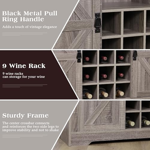 Grey Coffee Bar Cabinet with Sliding Barn Door and Adjustable Shelves M328