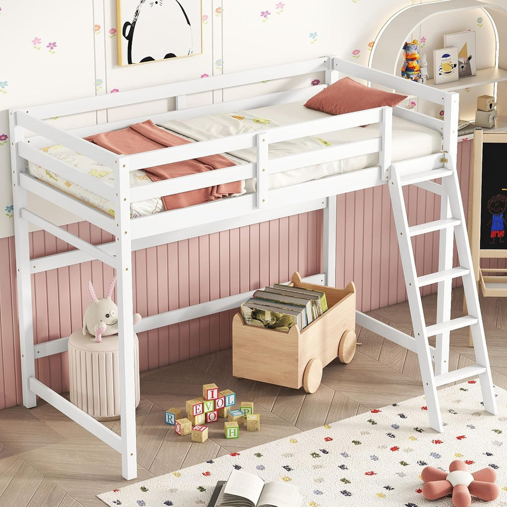 White Twin Size Wooden Loft Bed with Ladder and Guardrail U9906