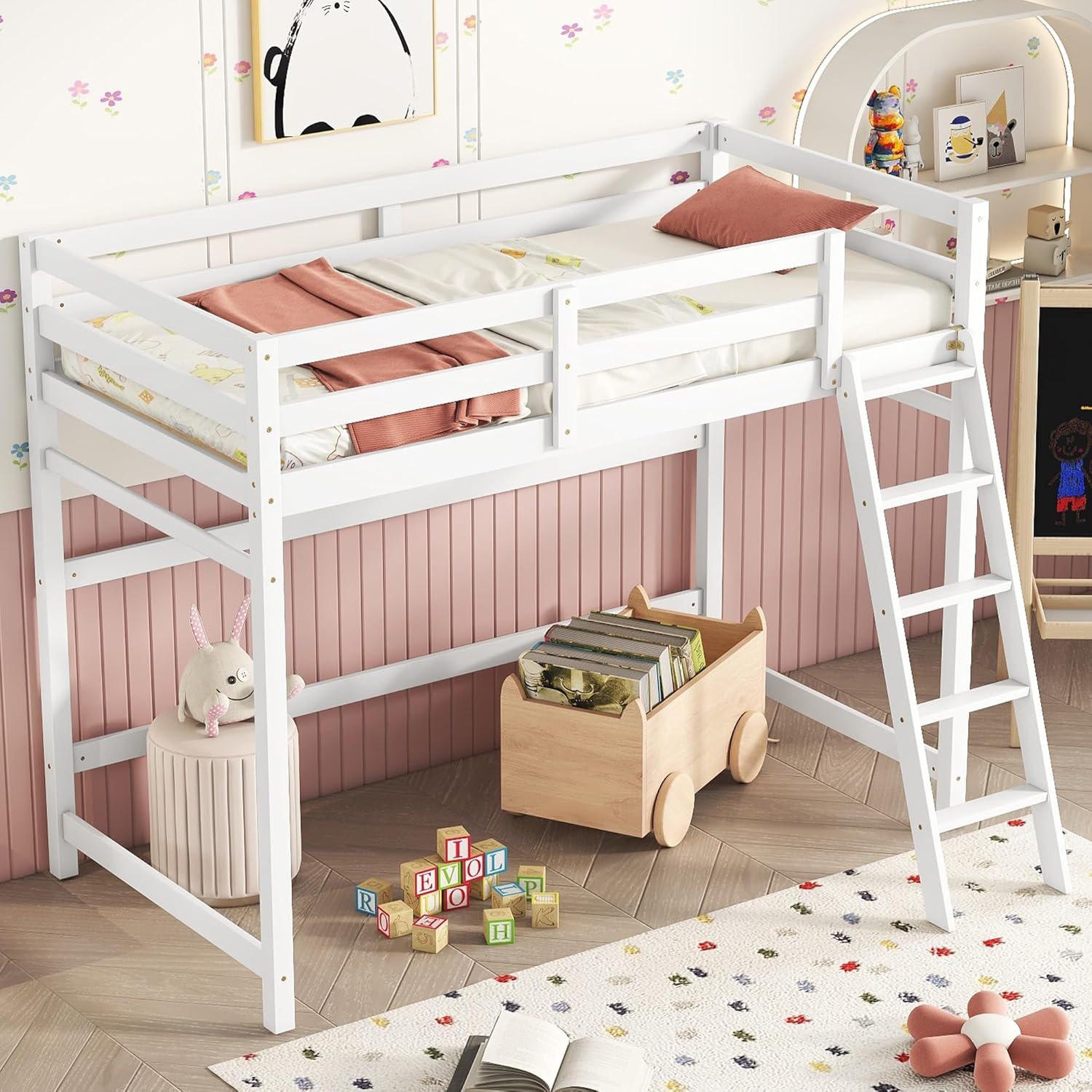 White Twin Size Wooden Loft Bed with Ladder and Guardrail U9906