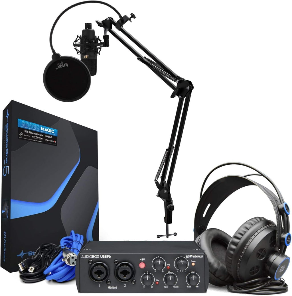 AudioBox 96 Interface with Microphone, Headphones, XLR Cable Bundle with Studio Stand, Pop Filter and Shock Mount (7 Items) O840689