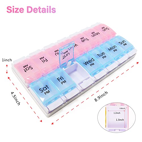 Large 7 Day Pill Organizer 2 Times a Day, AM PM Pill Box, 14 Dividers Vitamin Holder with Push Button Q52411