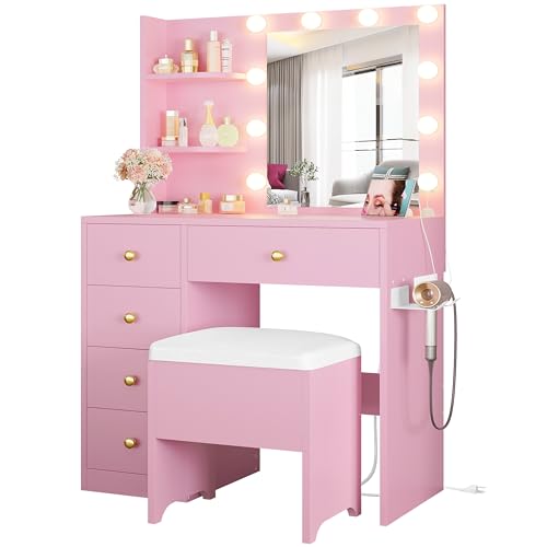 White Vanity Desk with Mirror and Lights, 5 Drawers, and Stool K800961
