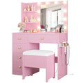 White Vanity Desk with Mirror and Lights, 5 Drawers, and Stool K800961