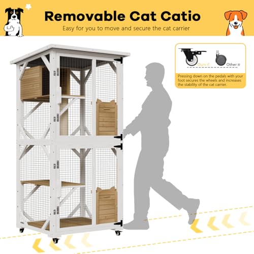 White Cat House Catio Outdoor Enclosure with Waterproof Roof on Wheels U68894