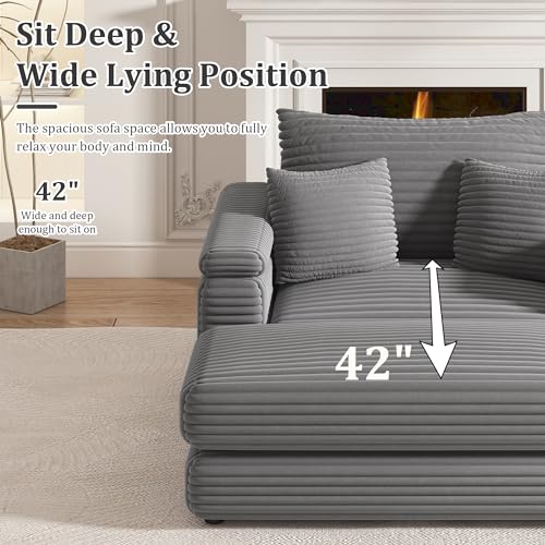Grey Corduroy Oversize 3 Seater Sofa with 2 Ottomans B834