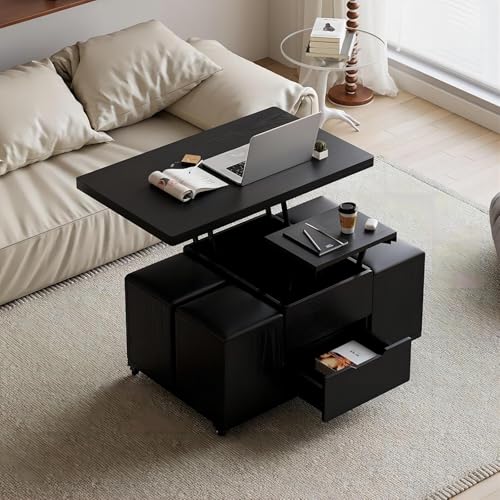 Black Lift-Top Coffee Table with Hidden Storage, 4 Stools and Lockable Wheels Q566720