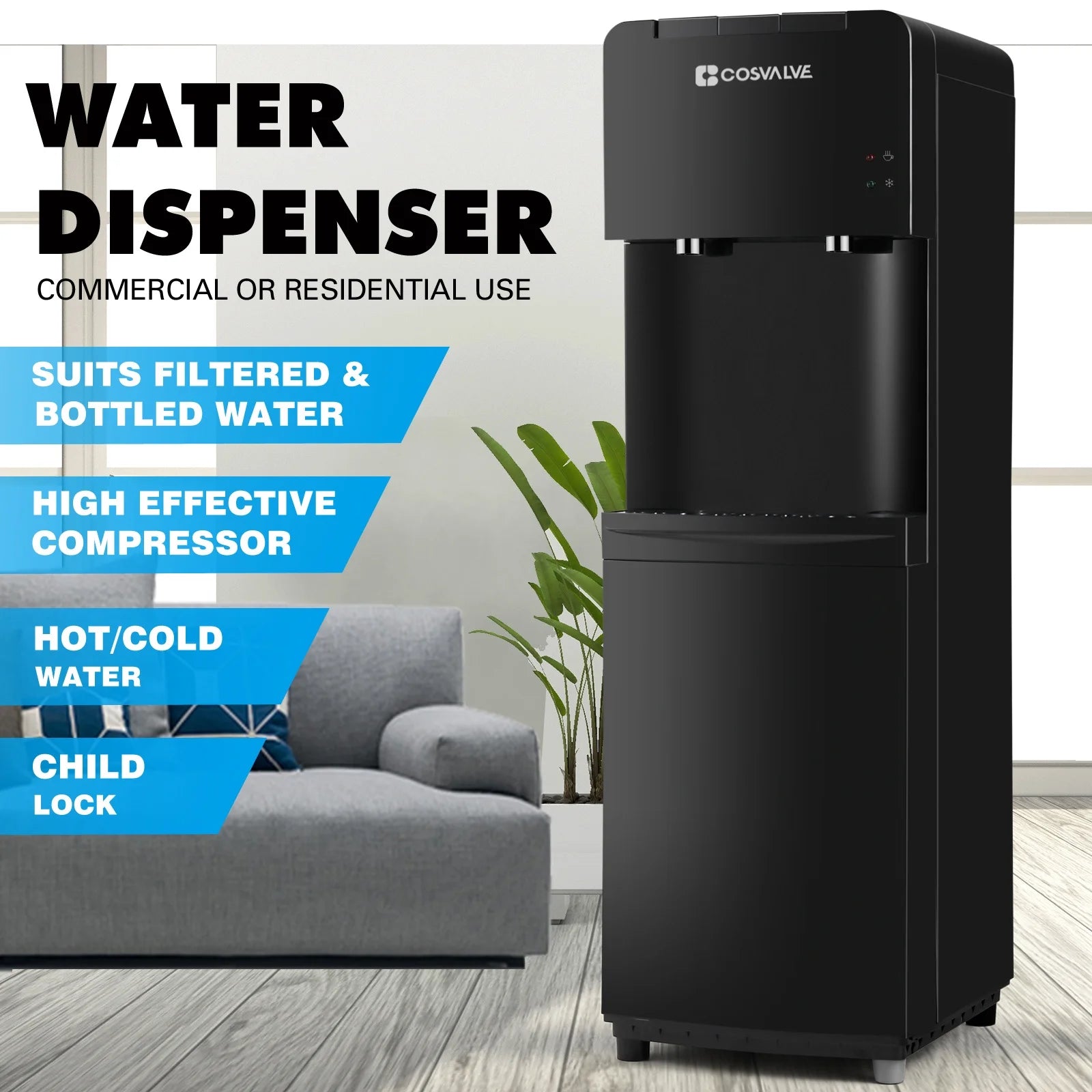 Black 5 Gallon Top Loading Water Dispenser Cooler with Child Safety Lock C6443