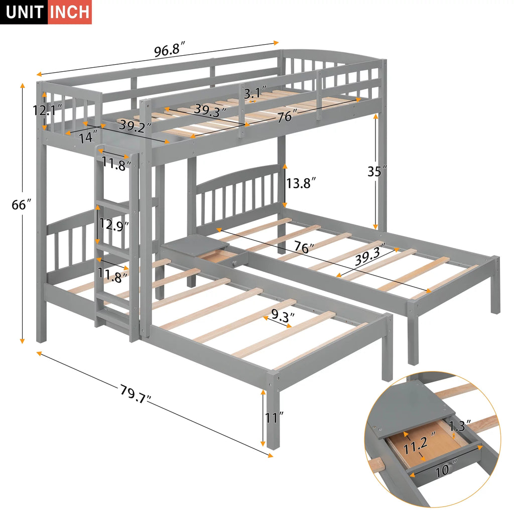 Triple Twin Solid Wood Bunk Beds with Guardrail and Ladder and Built-in Middle Drawer Q532097