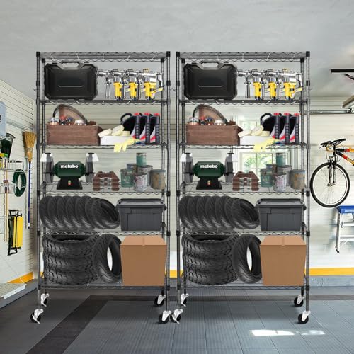 Black 6 Tier Adjustable Metal Wire Shelving Rack with Wheels A54235